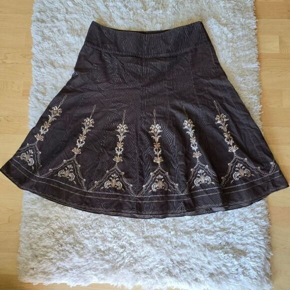 Ann Taylor Women's Curdoroy Midi Skirt Brown Size 8 Embroidered Western - Picture 1 of 8